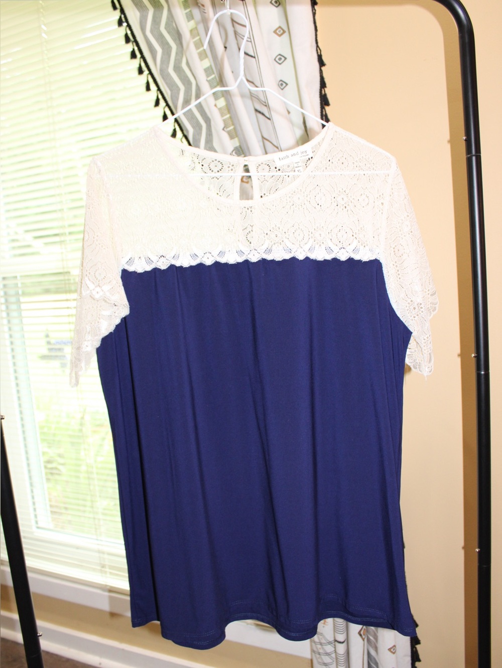 Faith & Joy Navy Lace Colorblock Top XL Short Sleeve Boutique Blouse